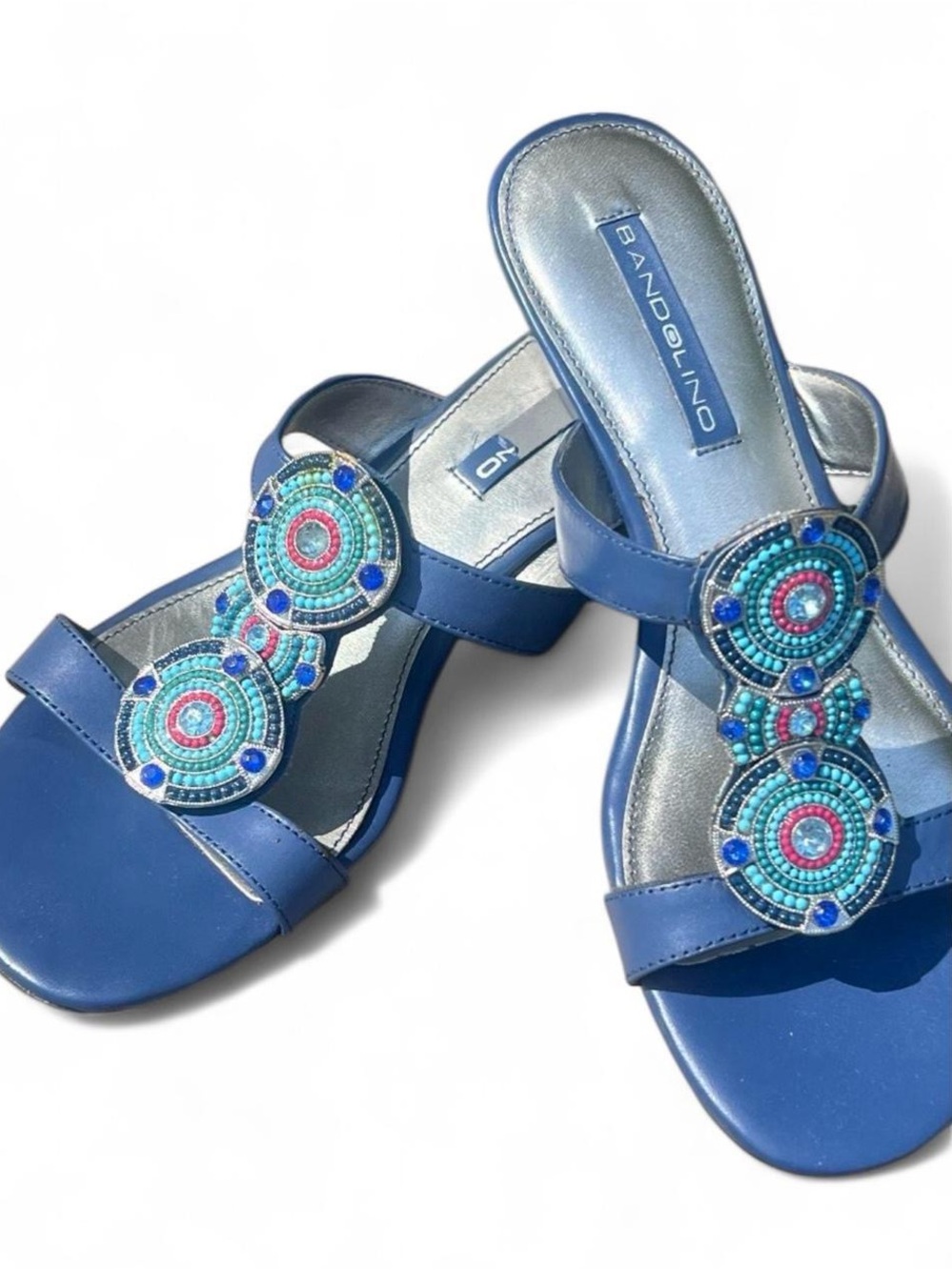 Bandolino Beaded Wedge Sandals  – Women’s Size 5.5 – Blue Embellished Slides
